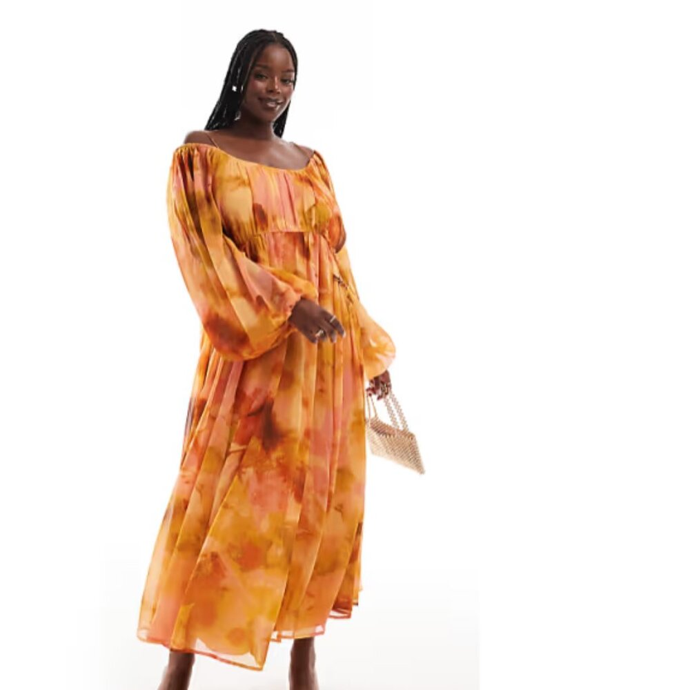 ASOS DESIGN Curve scoop neck shirred waist insert maxi dress in orange floral